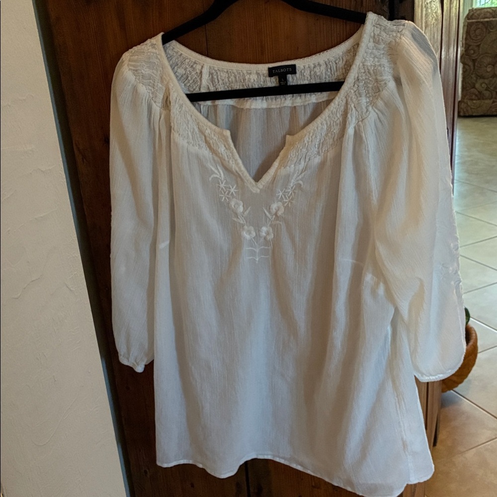 Talbots White Embroidered Blouse